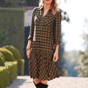 Soft Surroundings Brown Plaid Zip Front Drop Waist Shirt Dress Size Medium